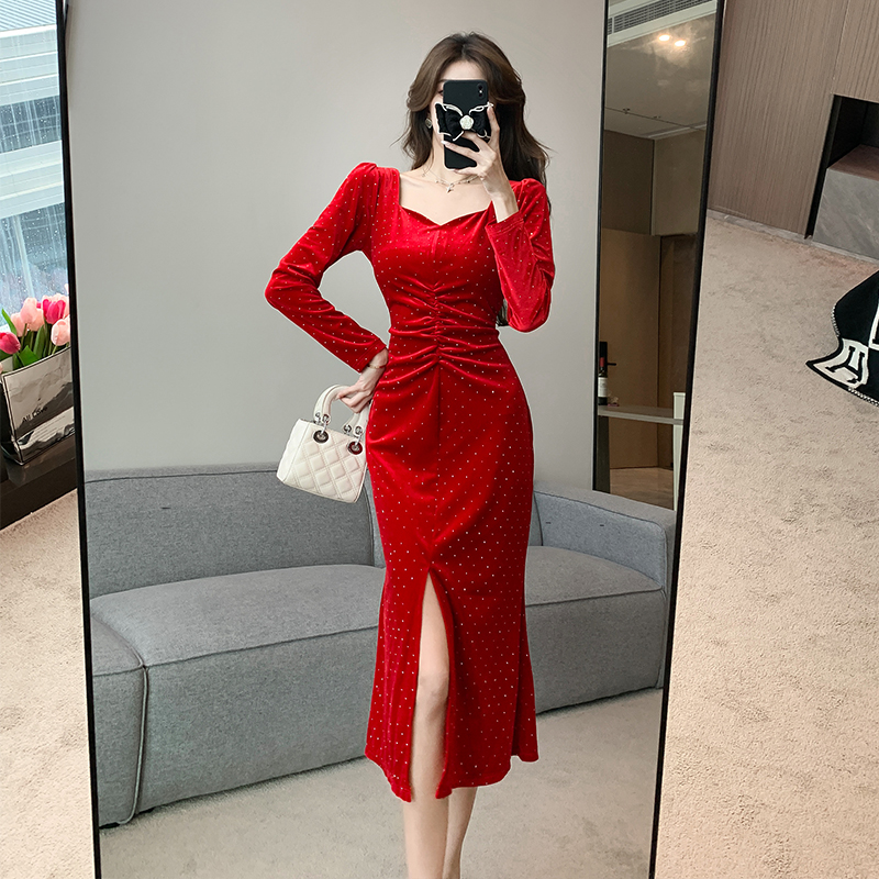 2026 Autumn Winter Black Velvet Sequin Midi Bodycon Slit Dress