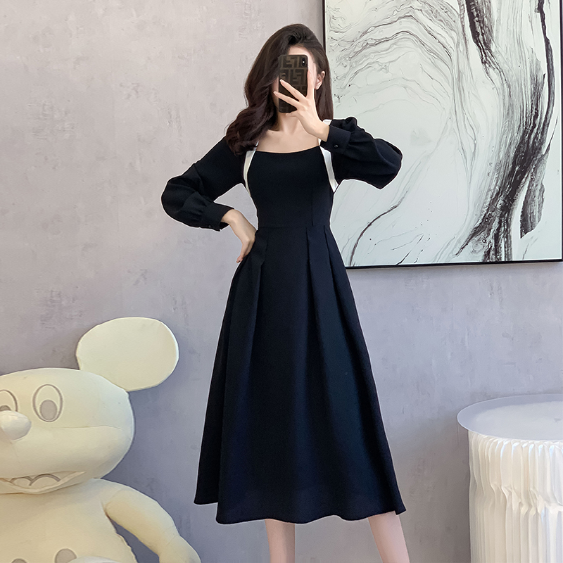 Black Square Neck A-Line Midi Dress Women 2026 Spring Hepburn Style