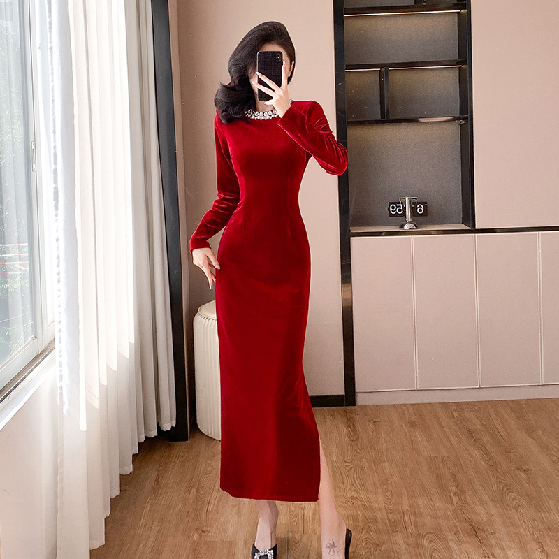Women's Velvet Long Sleeve Midi Bodycon Dress with Zip