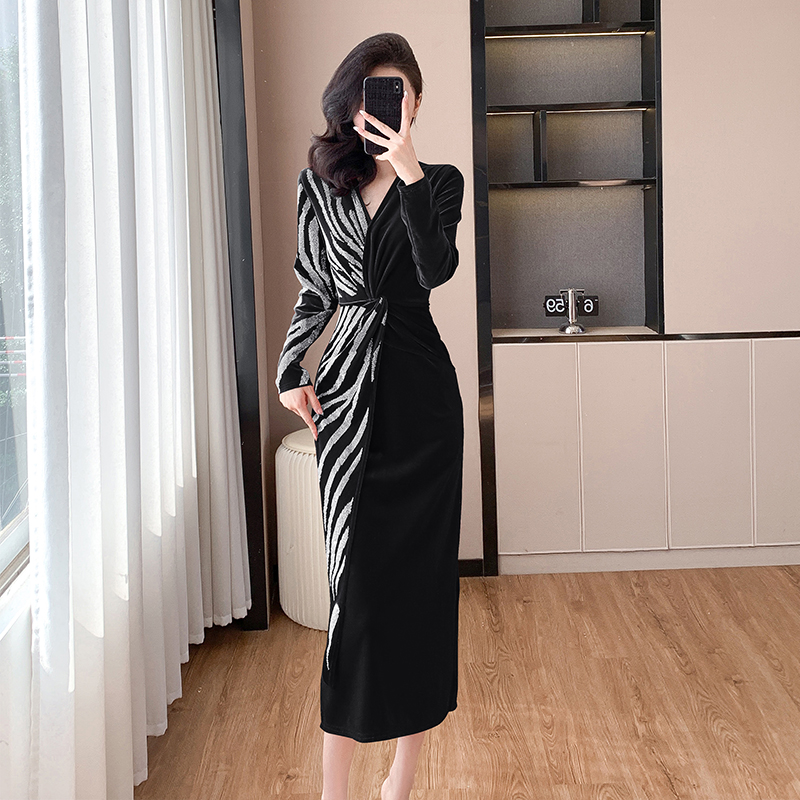 Black Velvet Long Sleeve V-Neck Sheath Dress with Rhinestone Detail