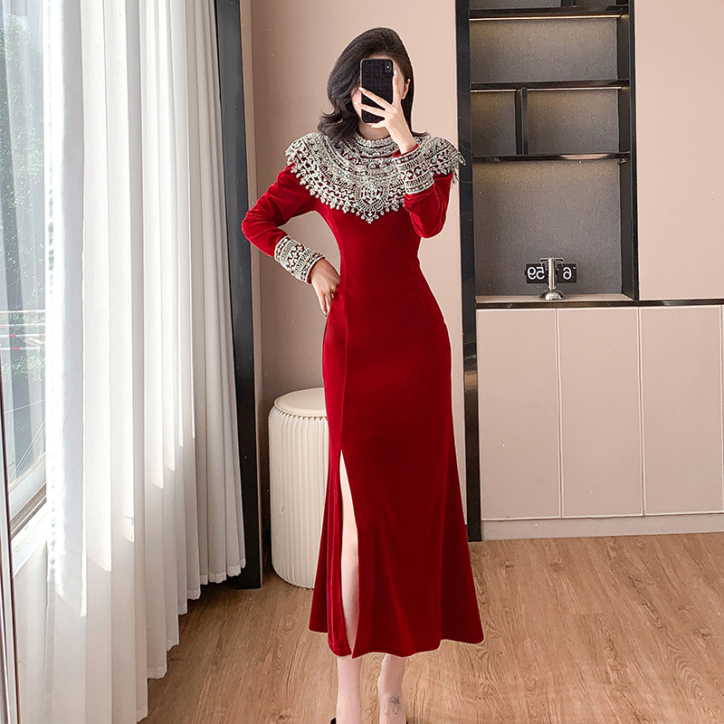 Gold Velvet Mermaid Dress with Long Sleeves and High Waist