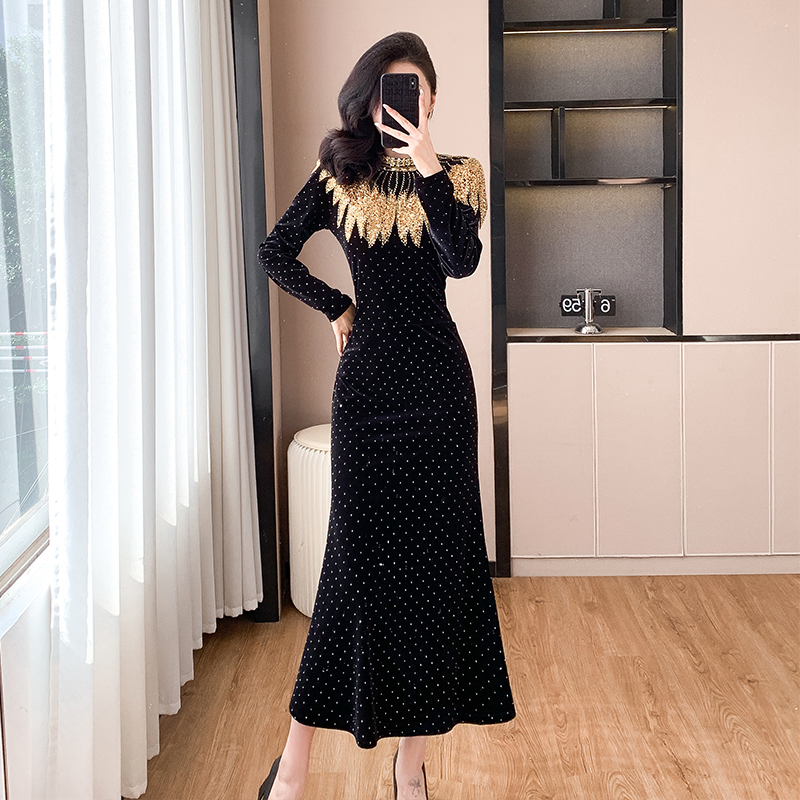 Gold and Black Velvet Mermaid Dress with Rhinestones Long Sleeve High Neck