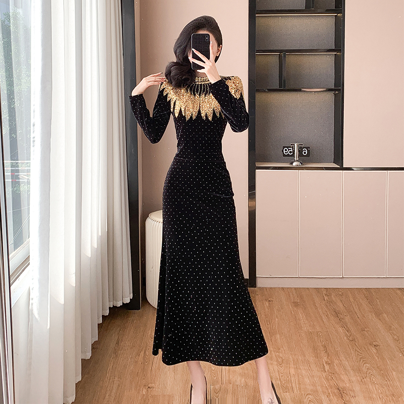 Gold and Black Velvet Mermaid Dress with Rhinestones Long Sleeve High Neck - Image 2