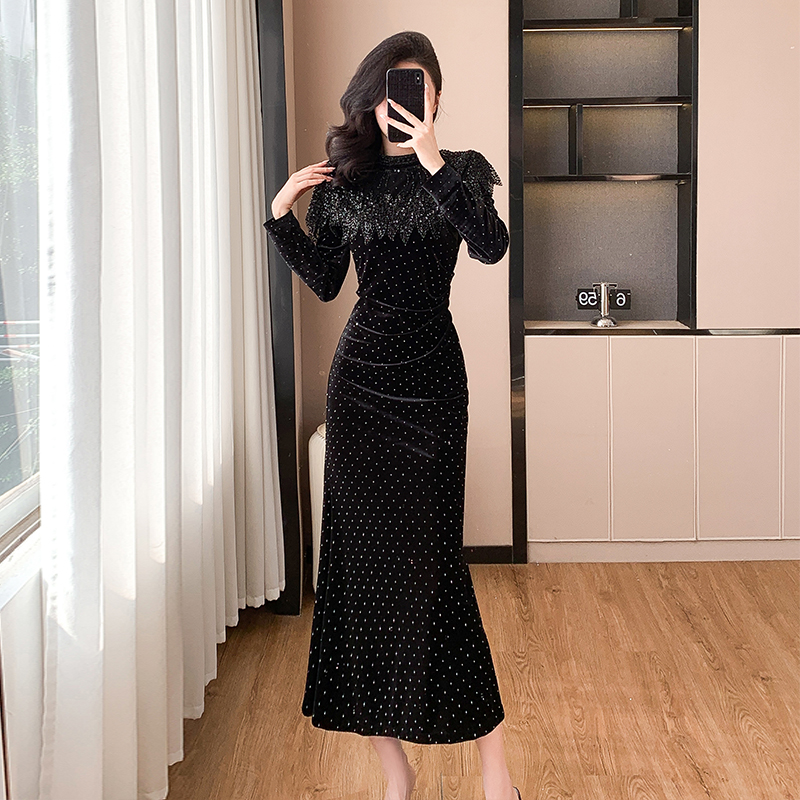 Gold and Black Velvet Mermaid Dress with Rhinestones Long Sleeve High Neck - Image 4