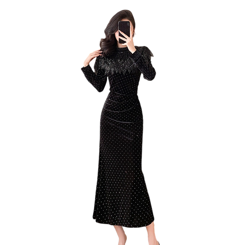 Gold and Black Velvet Mermaid Dress with Rhinestones Long Sleeve High Neck - Image 5