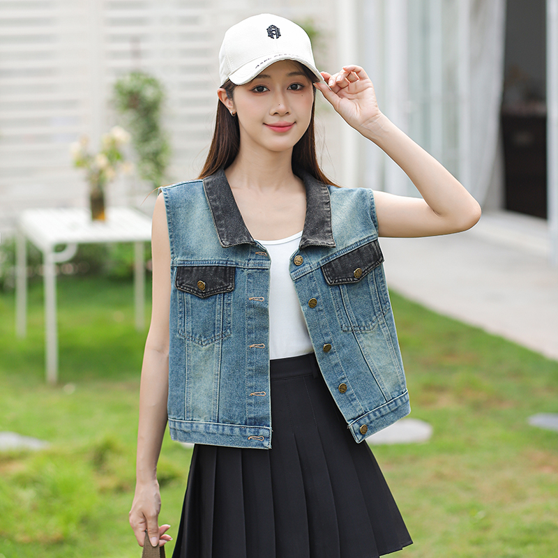 Korean Style Color Block Denim Vest for Women