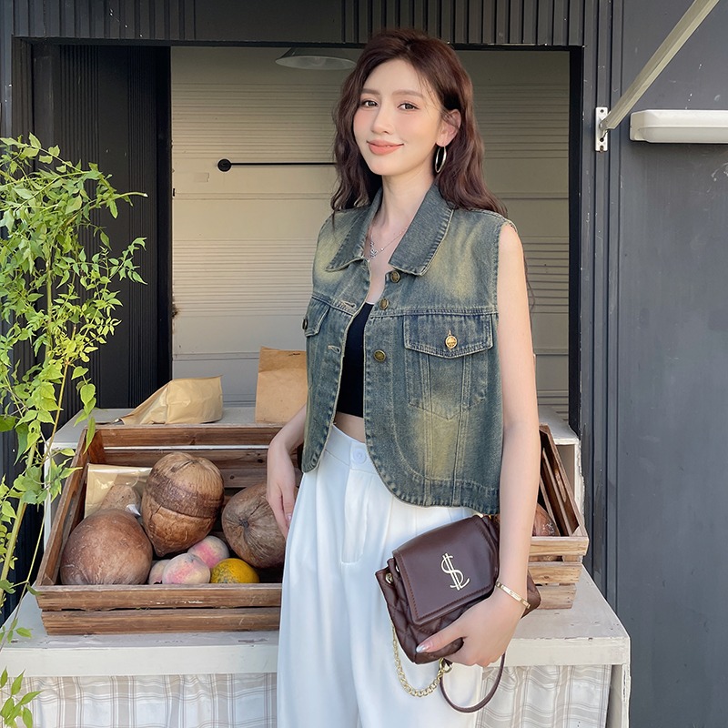 Women's Loose Fit Denim Vest Retro Solid Color Button Front
