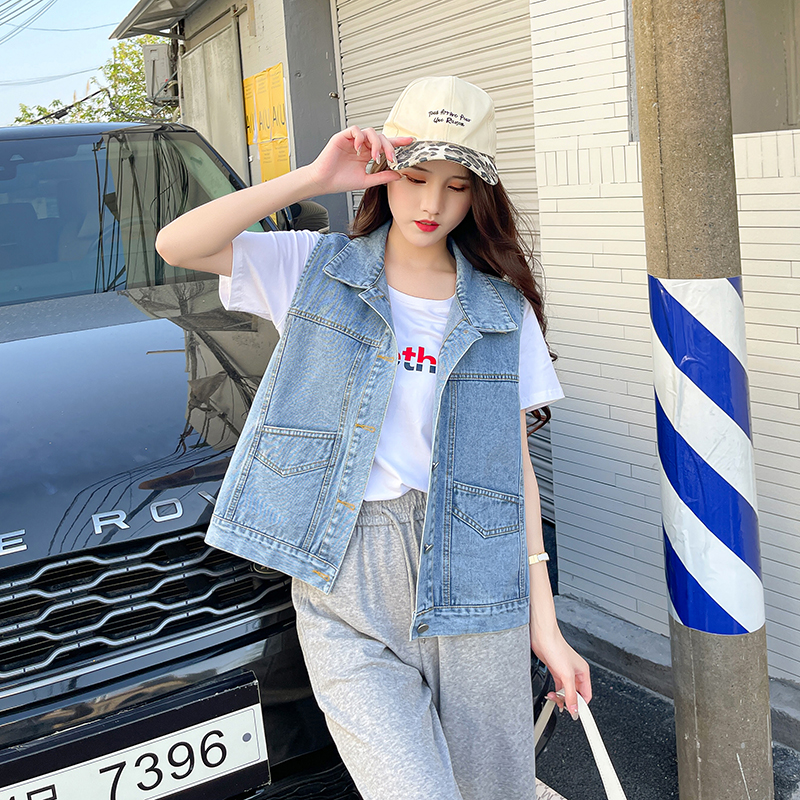 Women's Loose Fit Denim Vest with Pockets Korean BF Style