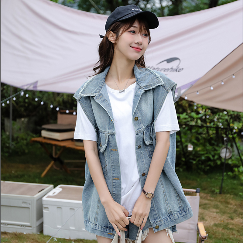 Korean Style Loose Denim Vest with Fringe and Pockets