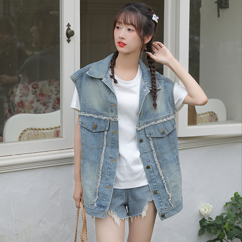 Women's Retro Hong Kong Style Loose Denim Vest with Fringe Pockets