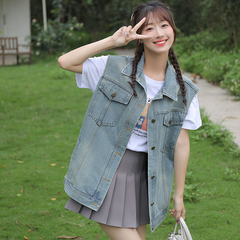 Korean Style Loose Fit Denim Vest for Women Casual Button Up