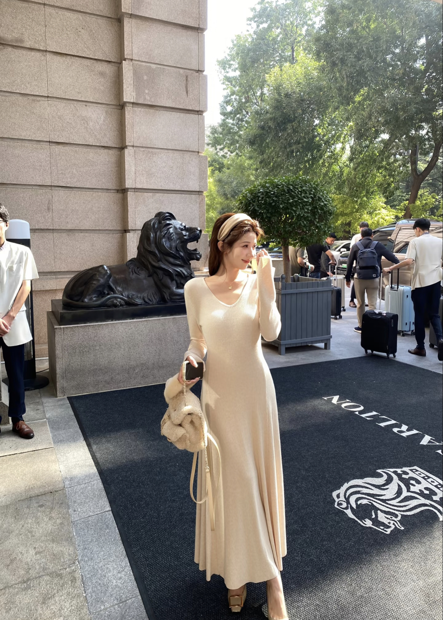 Women's Waist-Cinched Long Sleeve Knit Dress - Early Autumn Inner Layer Long Dress for Petite Women