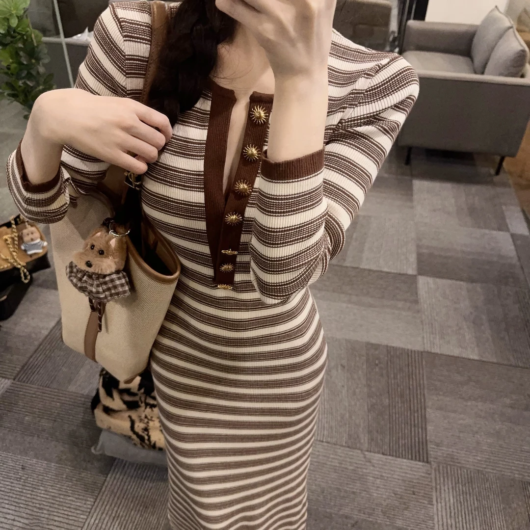 Color Block Striped V Neck Long Sleeve Bodycon Long Dress 2025 - Style a92504