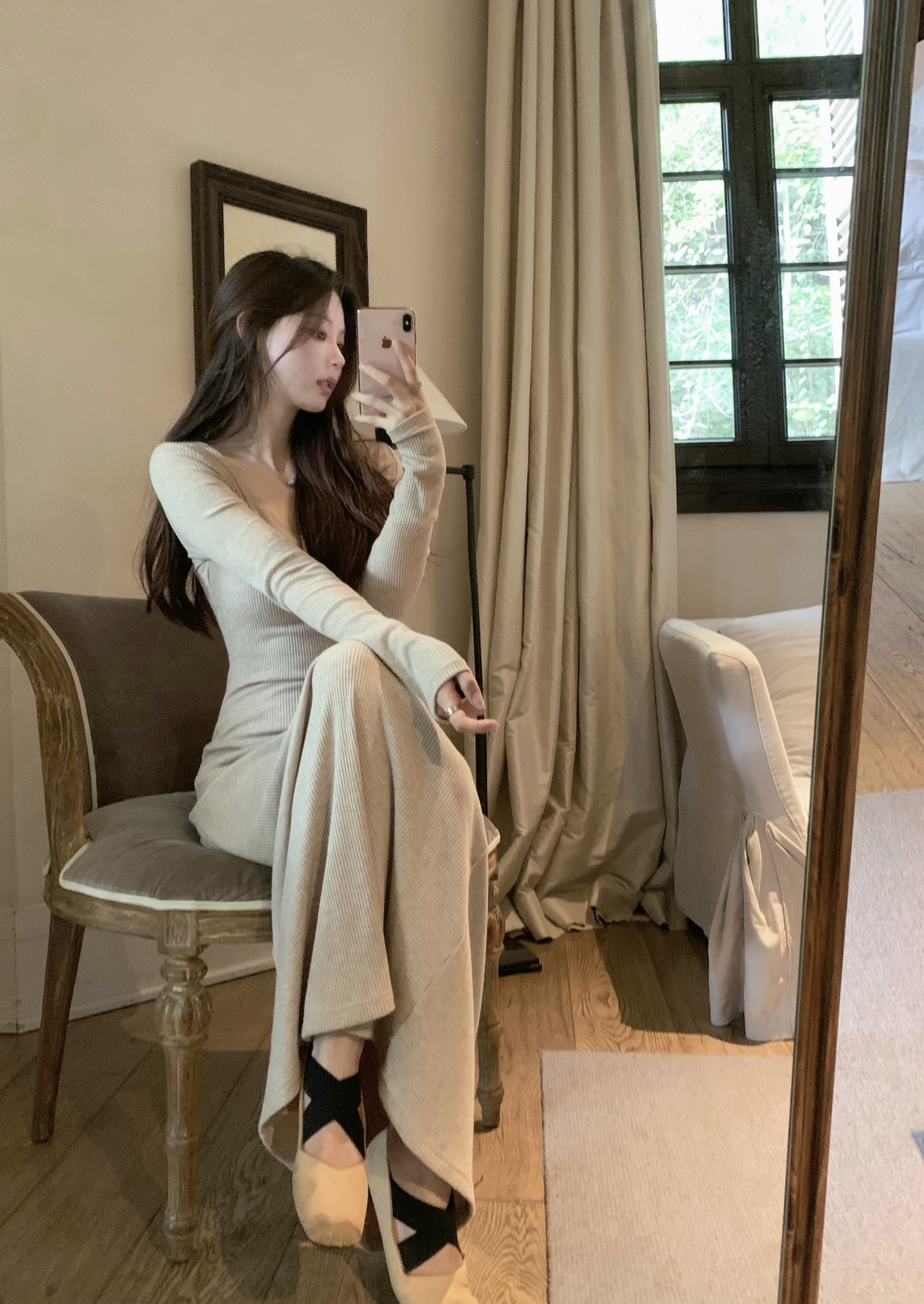 Autumn Winter Knitted Long Dress Oatmeal Pullover Women