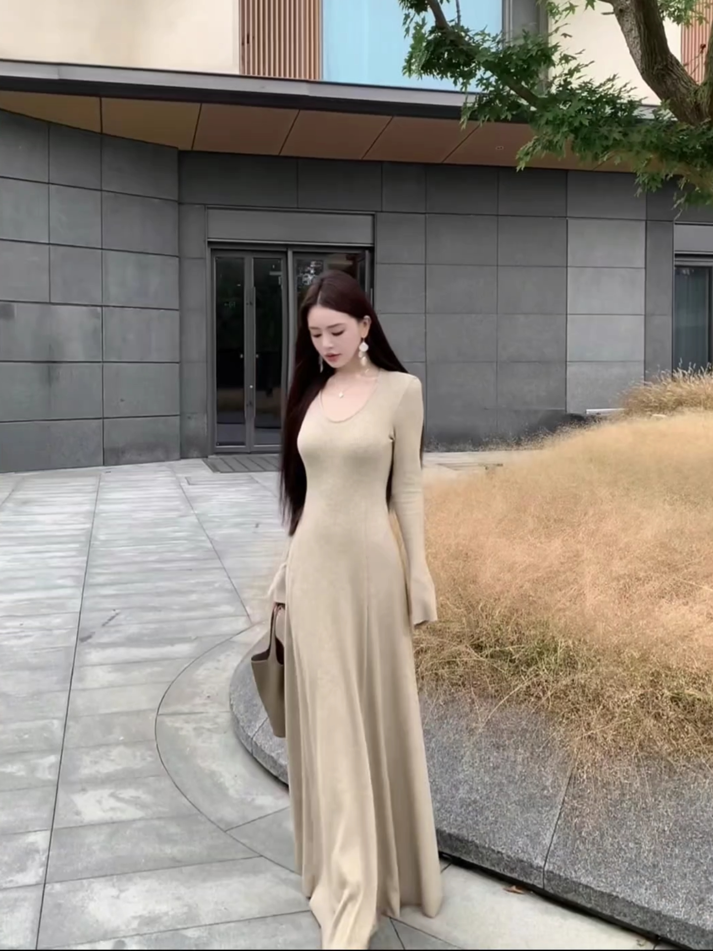 V-Neck Flared Sleeve Ribbed A-Line Dress