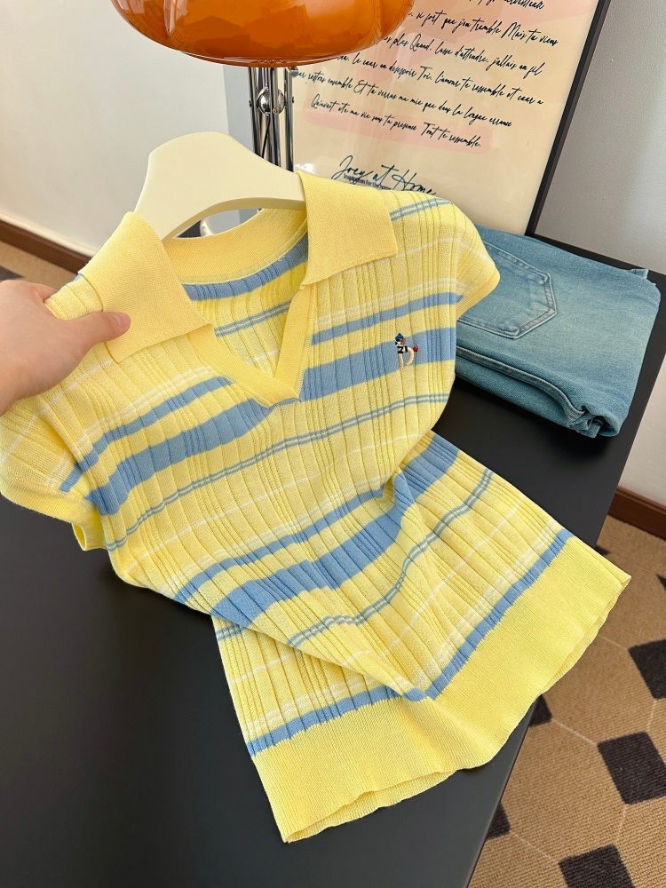Striped Polo Neck Knit Short Sleeve Women Summer Embroidered Slimming Top