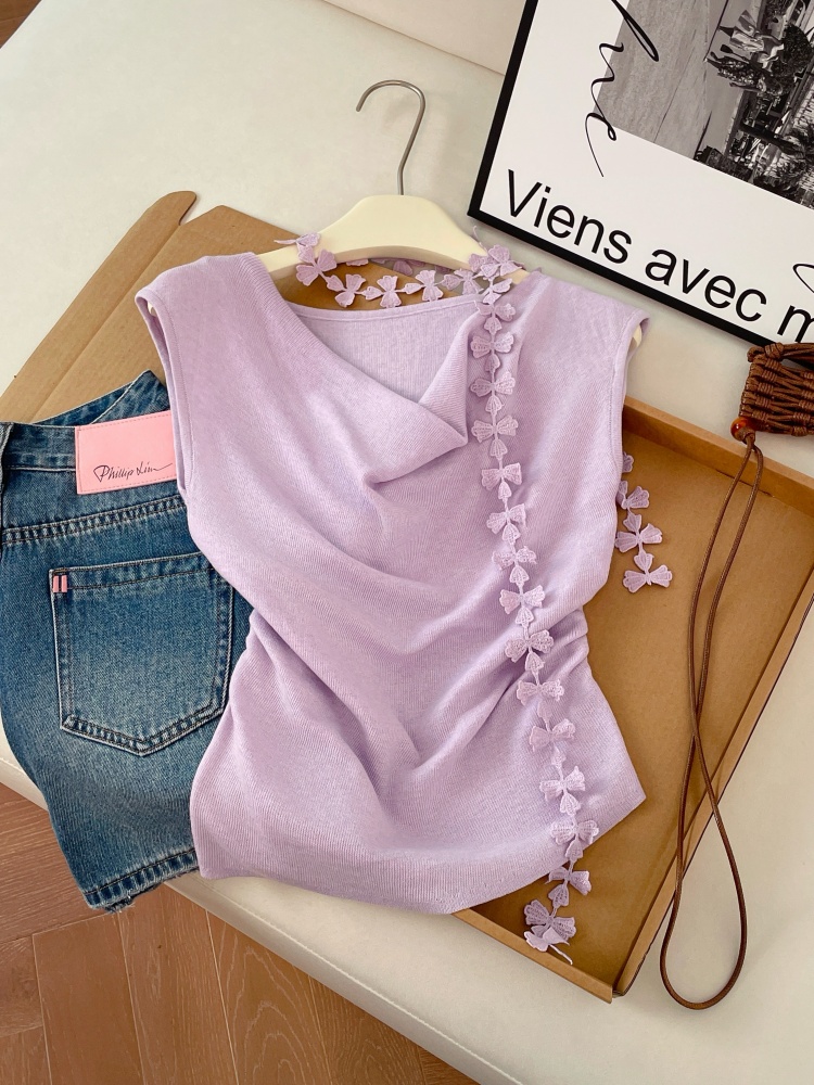 Women's Summer Knit Top with Tie and Ruched Neck