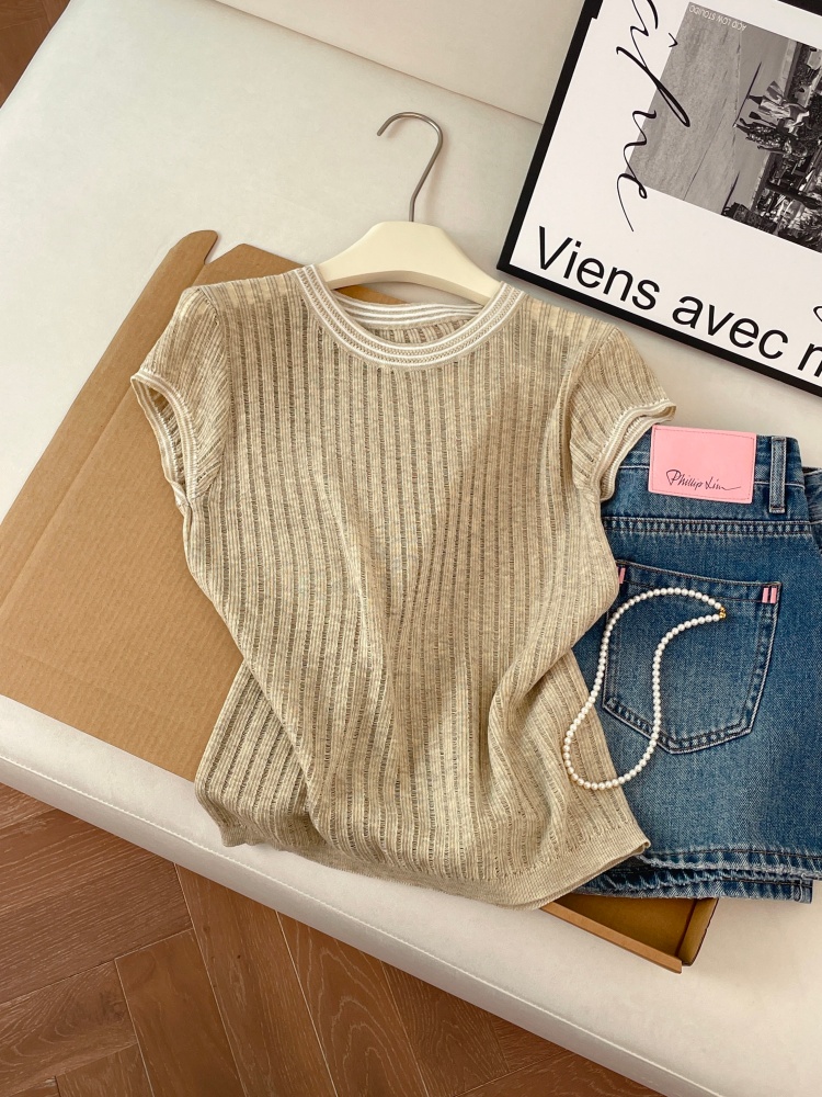 Women's Color Block Knit Sweater Short Sleeve Pullover