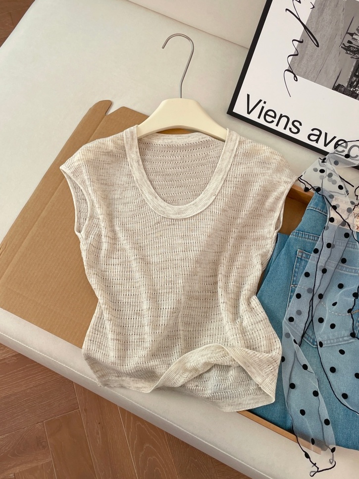 Women's U-Neck Knit Top Summer Solid Color Short Sleeve Slimming Style