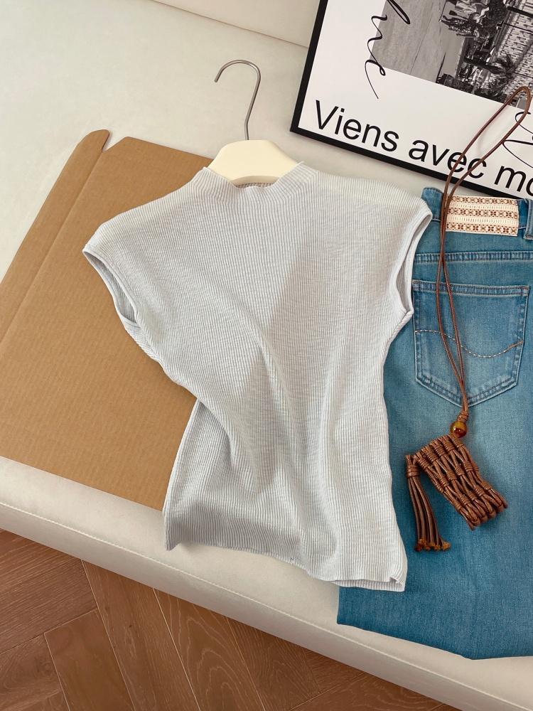 Women's Back Cutout Slimming Knit Top Summer Short Sleeve Solid Color
