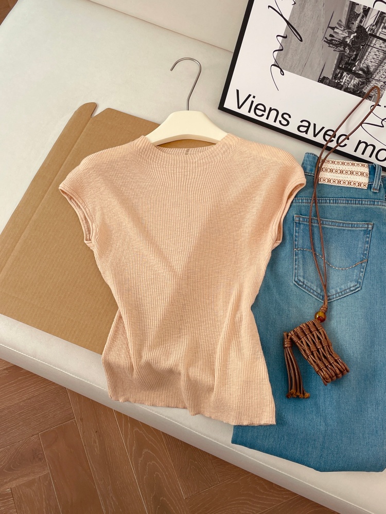 Women's Back Cutout Slimming Knit Top Summer Short Sleeve Solid Color - Image 2