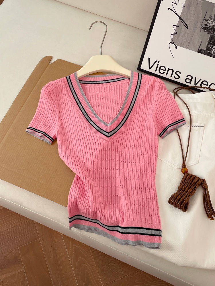 Women's Faux Two-Piece Color Block Knit Short Sleeve Top Summer 2026
