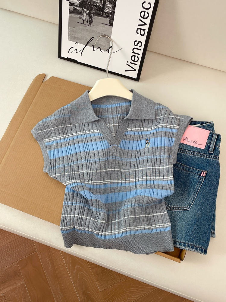 Striped Polo Neck Knit Short Sleeve Women's Summer Top with Embroidery