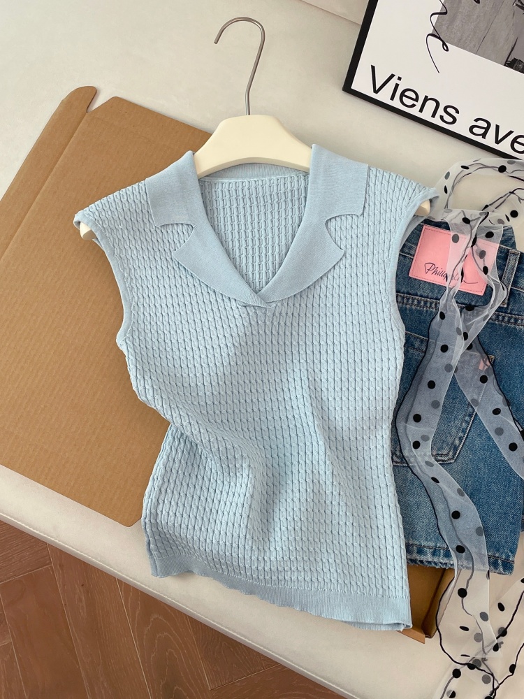 Korean Style Knit Short Sleeve Polo Neck Women's Top