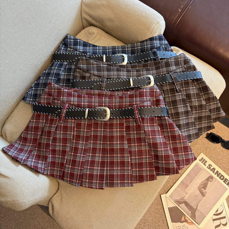 2026 Autumn Korean Preppy Plaid High Waist A-Line Pleated Mini Skirt with Belt