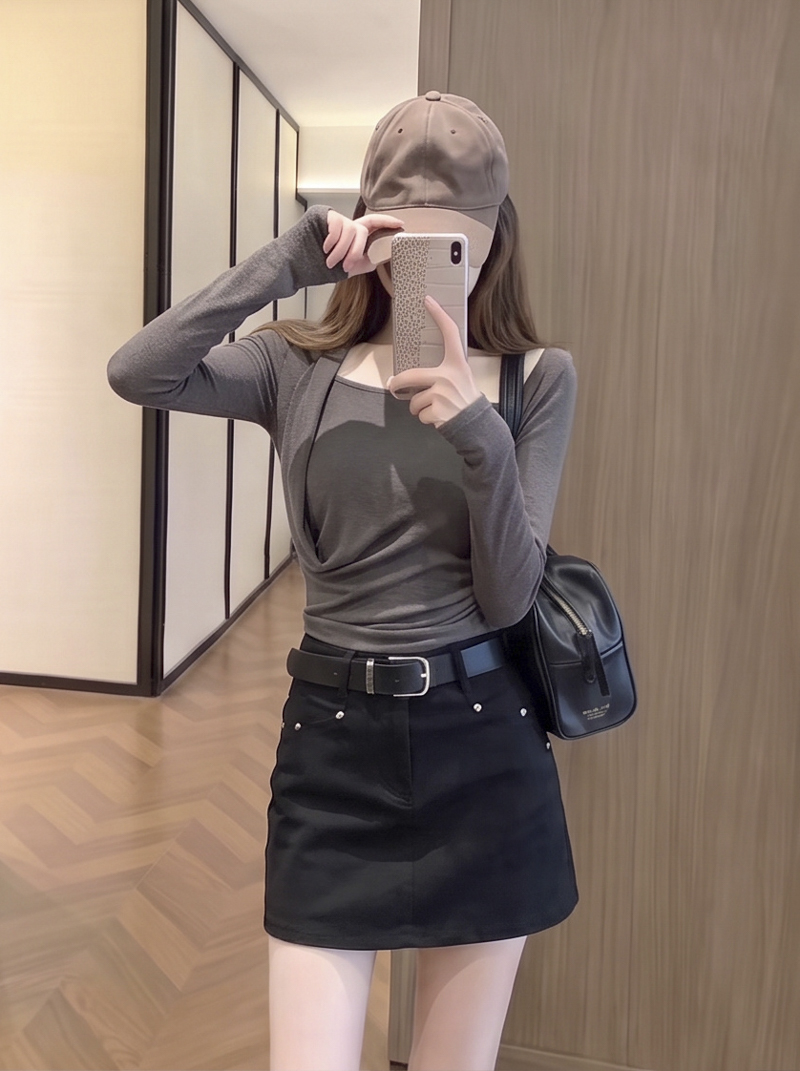2026 Autumn Korean Style PU Leather A-Line Mini Skirt for Women High Waist Solid Short Skirt with Belt