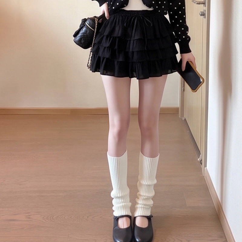 Sweet Ruffle Velvet Mini Skirt for Women Elastic Waist Drawstring A-Line Cake Skirt - Image 5