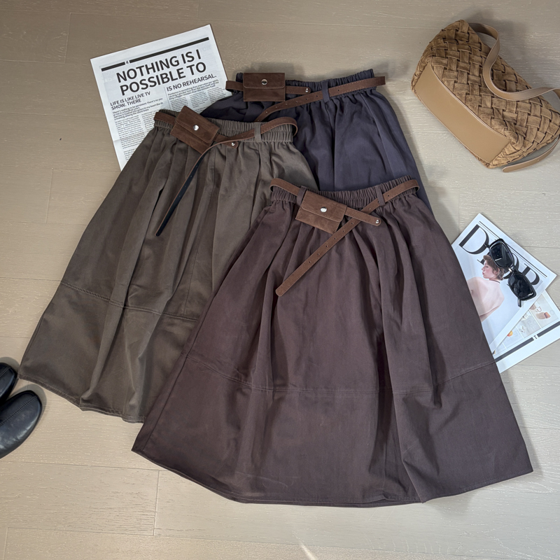 2026 Autumn Korean Vintage Utility Midi Skirt with Waist Bag for Women