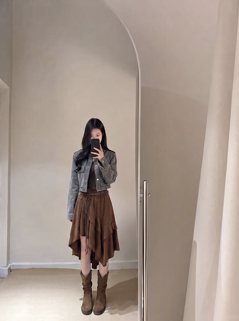 2026 Autumn Winter Maillard Style Faux Leather A-Line Midi Skirt for Women High Waist Slimming Ruffle Hem