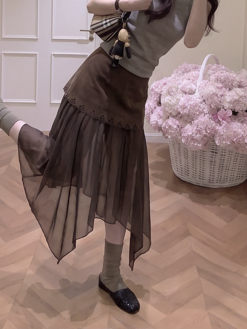2026 Autumn Winter Faux Suede A-Line Midi Skirt for Women with Irregular Mesh Splicing