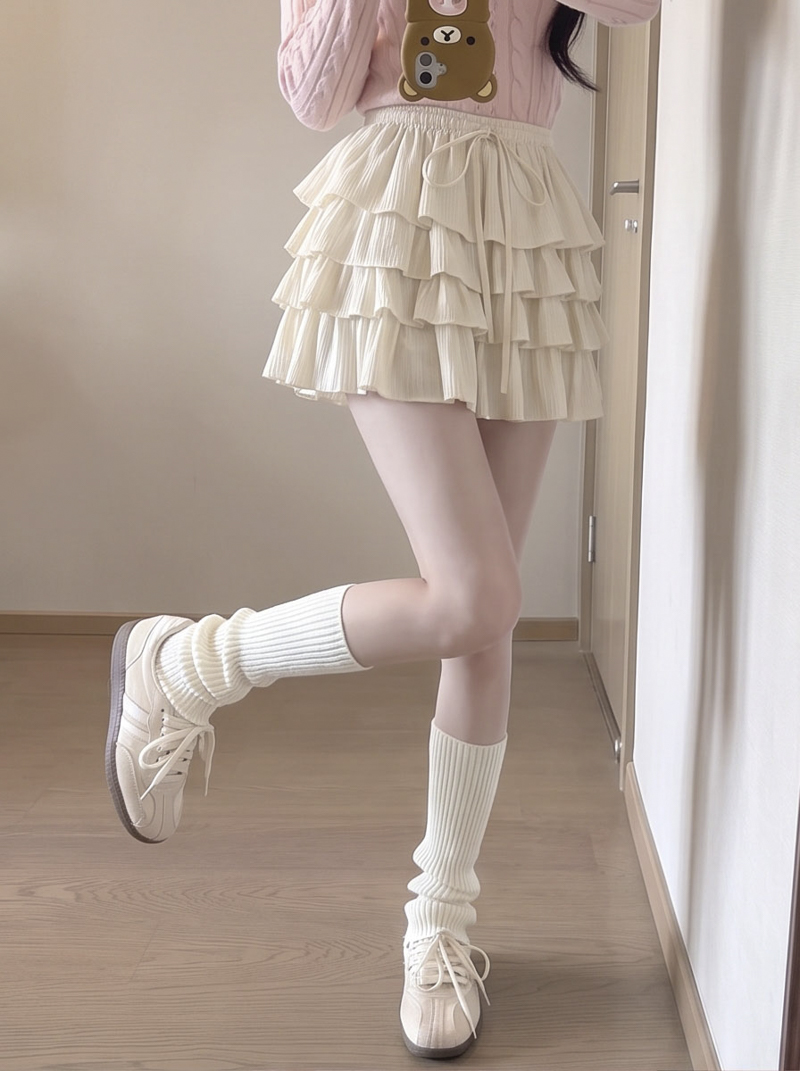 Sweet Ruffle Velvet Mini Skirt for Women Elastic Waist Drawstring A-Line Cake Skirt - Image 3